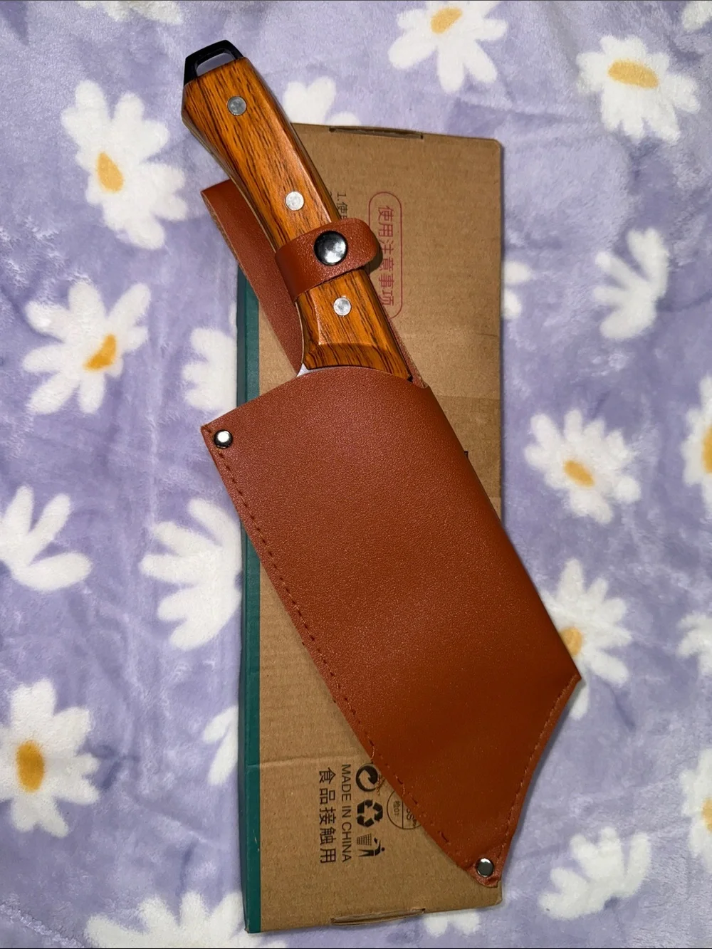 Wood-Handle Cleaver Knife with Dragon Etching — Brown